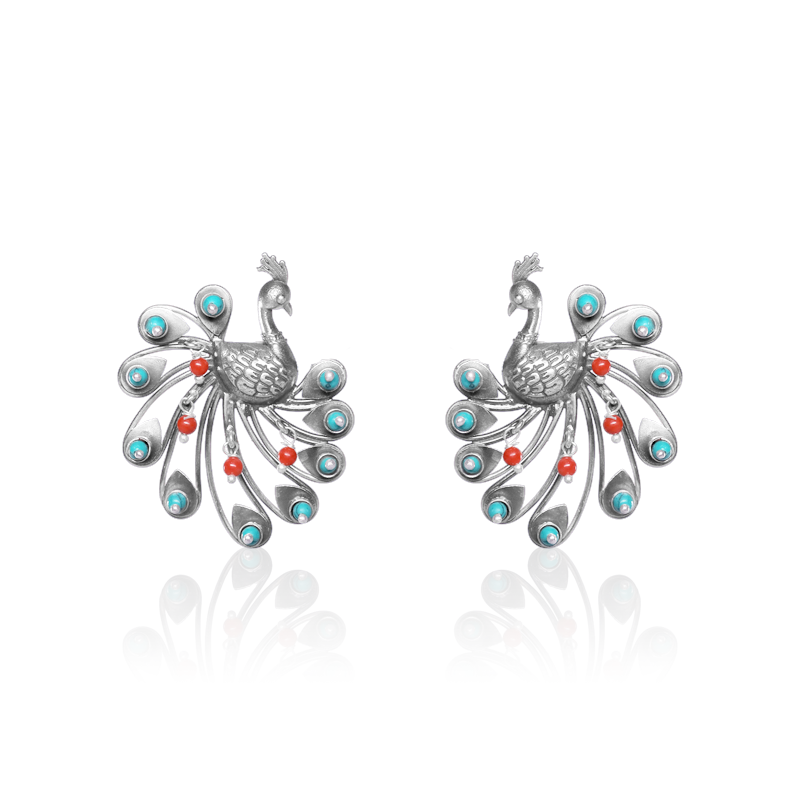 Oxidized silver dancing peacock earrings for women – ethnic festive jewelry for Diwali, Navratri, and cultural celebrations
