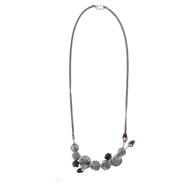Oxidized silver engraved lotus necklace in 925 sterling with antique ethnic detailing