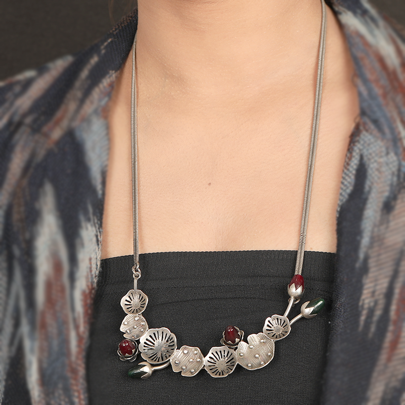 lotus oxidised silver necklace styled with saree for Navratri, Diwali, and bridal wear