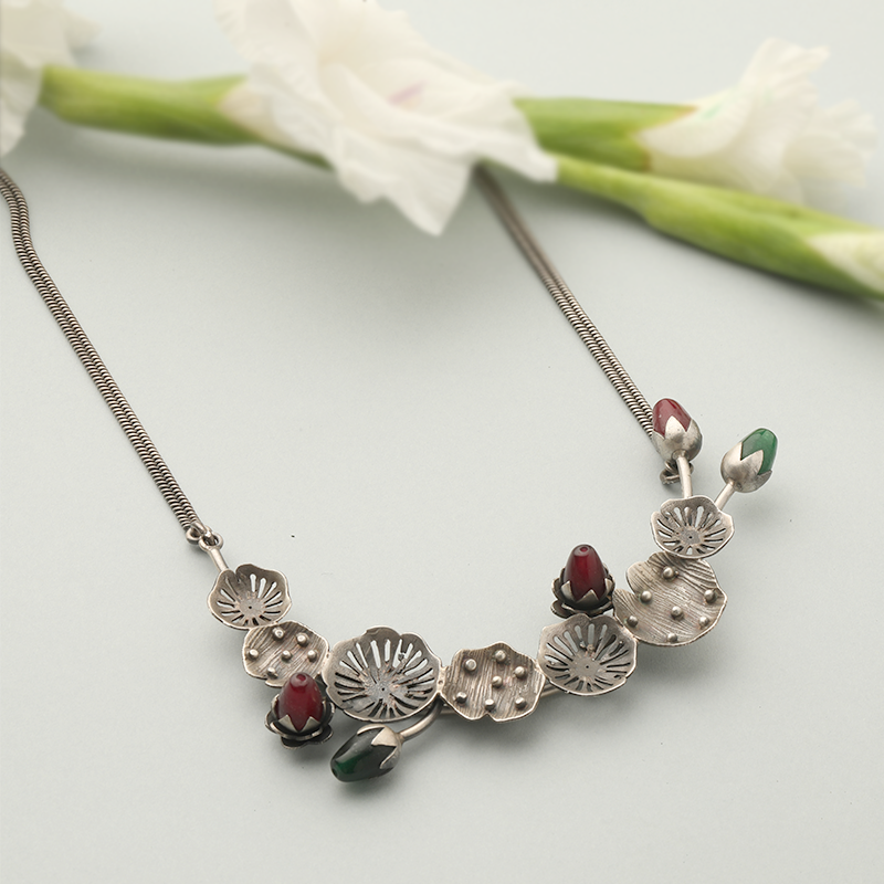 Antique lotus engraved oxidised silver necklace perfect for cultural occasions and traditional outfits