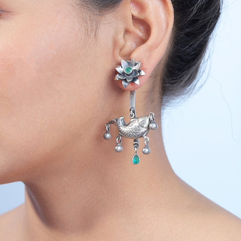 Oxidized silver fish earrings styled on model – unique ethnic jewelry for weddings and traditional functions