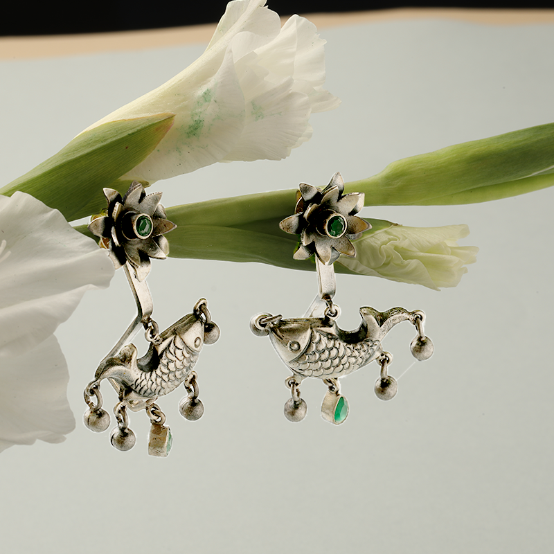 Oxidized silver fish design earrings – fashionable festive accessory for sarees, lehengas, and cultural outfits