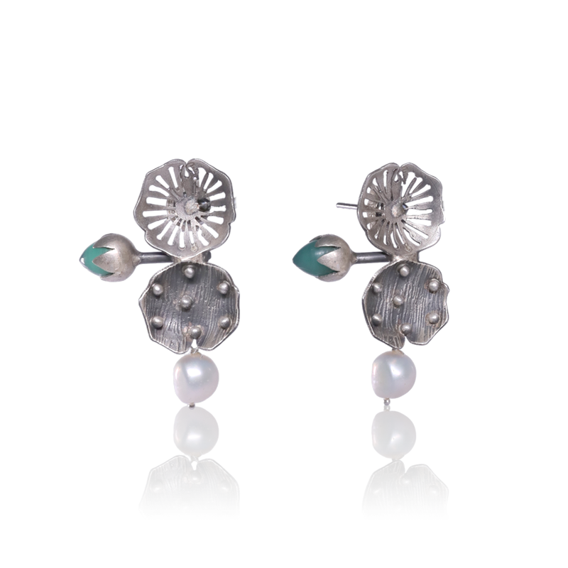Oxidized silver flower bud studs – stylish everyday ethnic jewelry and unique festive gift for women