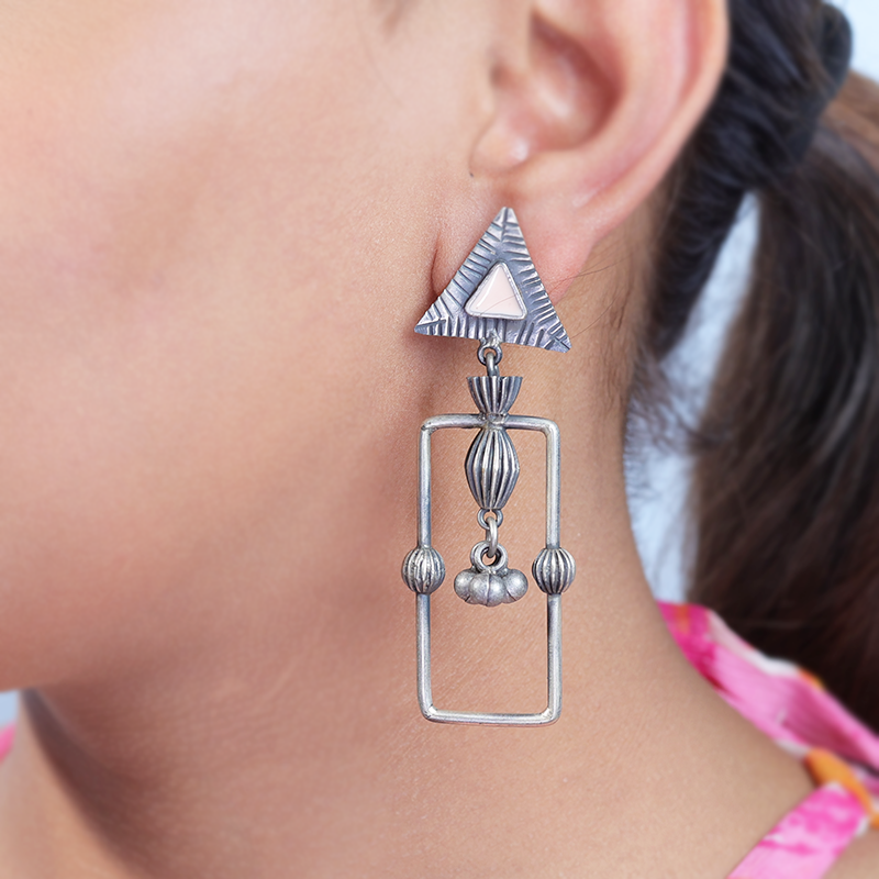 Oxidized silver helmer earrings on model – stylish ethnic accessory for weddings, Karwa Chauth, and cultural celebrations
