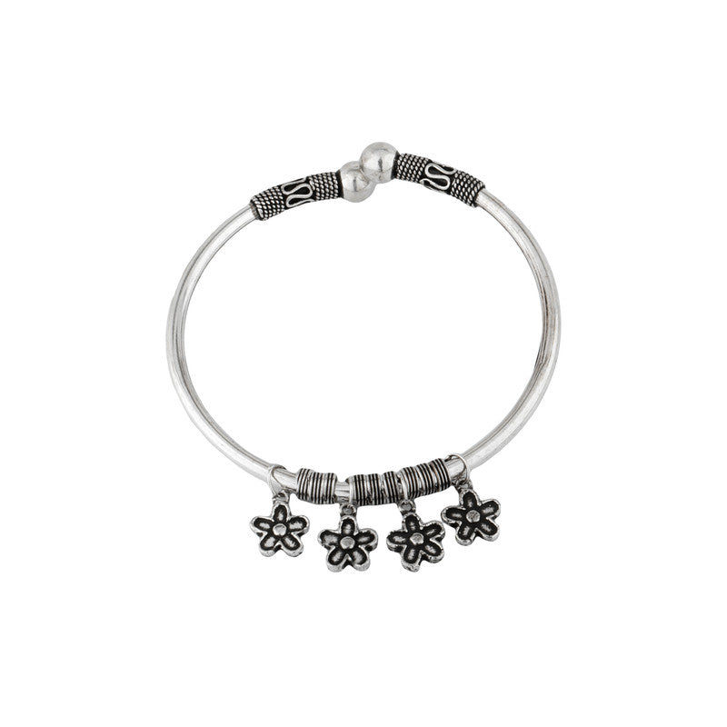 Oxidized silver kada with flower charm, flower charm, oxidized kada