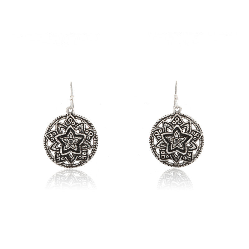 Oxidized silver mandala earrings for women – boho ethnic jewelry perfect for Diwali, Navratri, and festive outfits