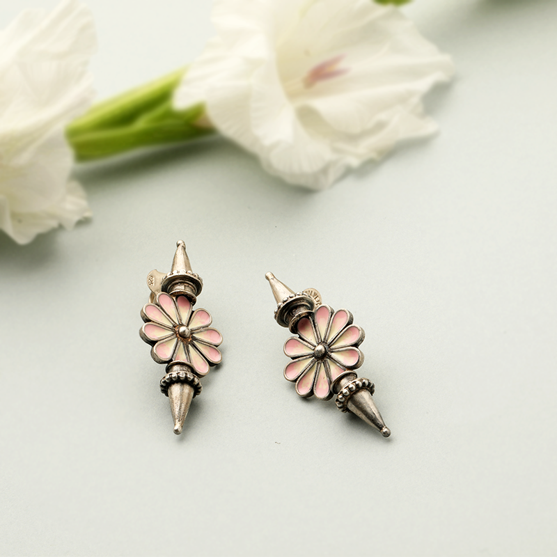 Oxidized silver meenakari design studs – stylish ethnic accessory for sarees, lehengas, and festive looks