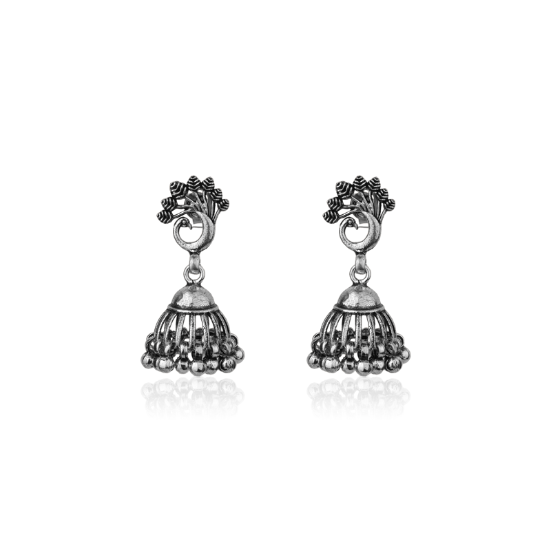 Oxidized silver peacock feather jhumka earrings for women – traditional ethnic jewelry perfect for Diwali, Navratri, and festive occasions
