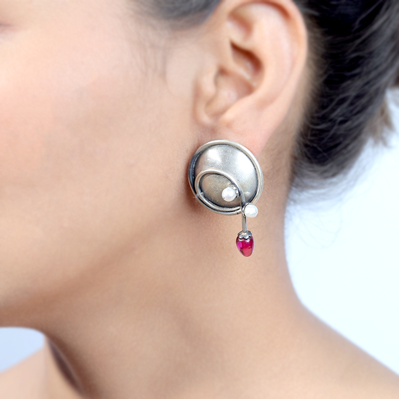 Oxidized silver pearl stud earrings on model – elegant small ethnic jewelry for weddings, parties, and festivals