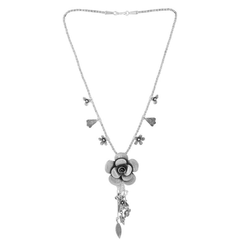 Oxidized silver rose and bell necklace in 925 sterling with antique ethnic finish