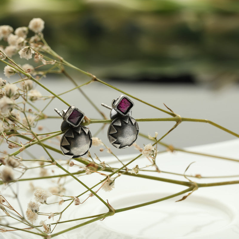 Oxidized silver ruby stone studs – elegant festive jewelry for sarees, lehengas, and ethnic wea