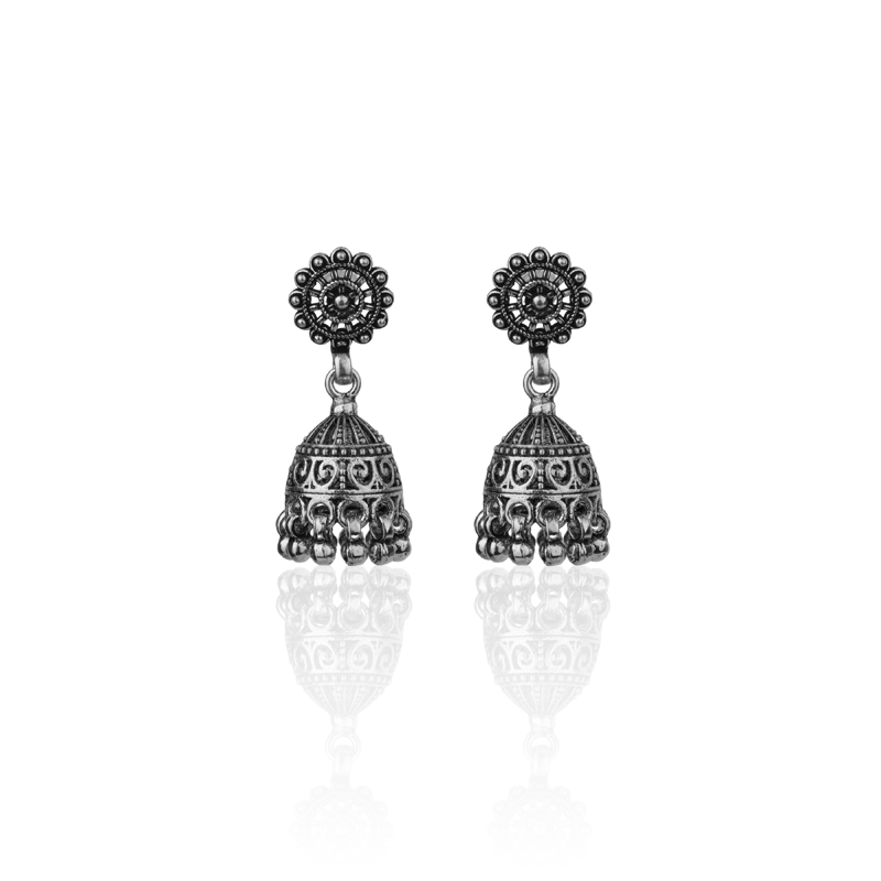 Oxidized silver sunflower jhumka earrings for women – ethnic festive jewelry perfect for Diwali, Navratri, and traditional occasions
