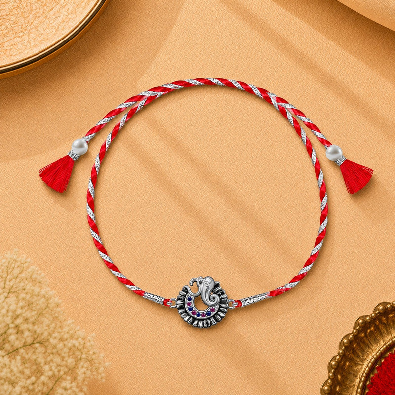 Silver Om & Swastik Rakhi for Brother with Roli Chawal