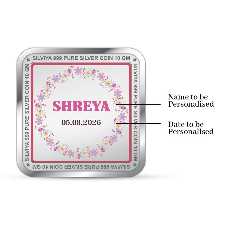 Birthday Customized 999 Pure Silver Square Coin Floral Design