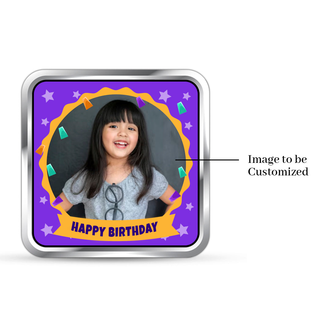 Square 999 silver coin with customised little boy birthday photo.