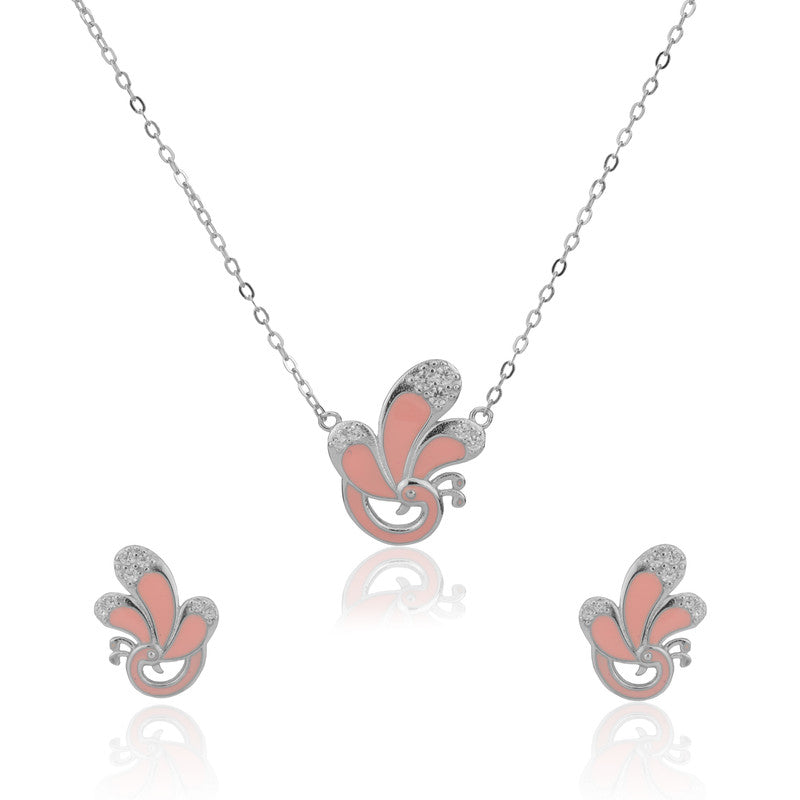 Pink Peacock 925 Silver Pendant and Earrings set on white background – elegant silver jewelry