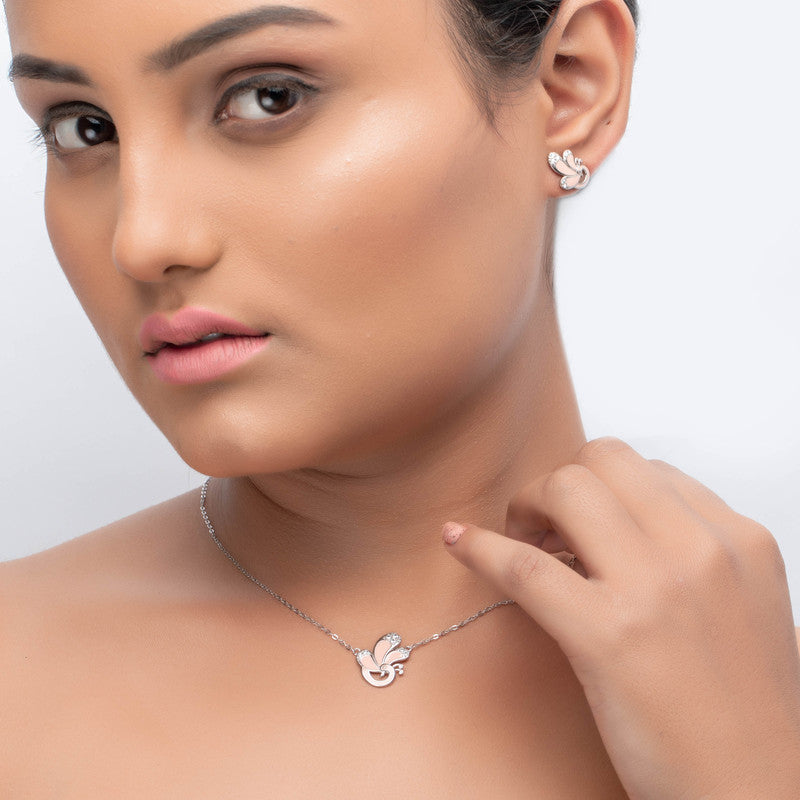 Woman wearing Pink Peacock 925 Silver Pendant and Earrings – stylish ethnic jewelry set