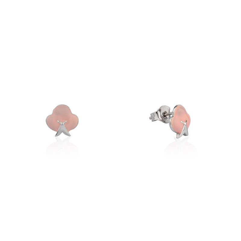 Close-up of Pink Tree Silver Earrings for Kids with Enamel Detailing