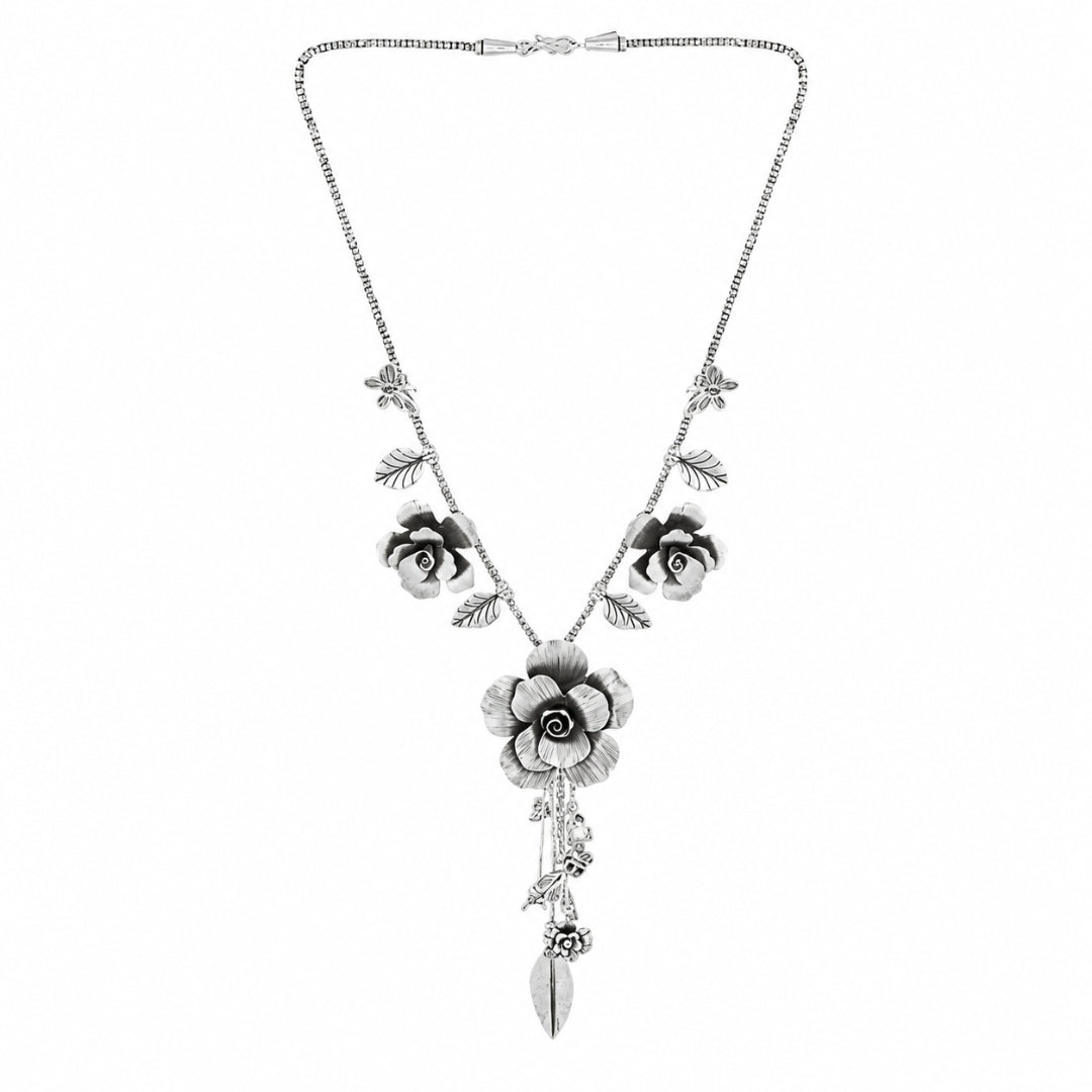 Rose and butterfly oxidized silver necklace in 925 sterling for festival session