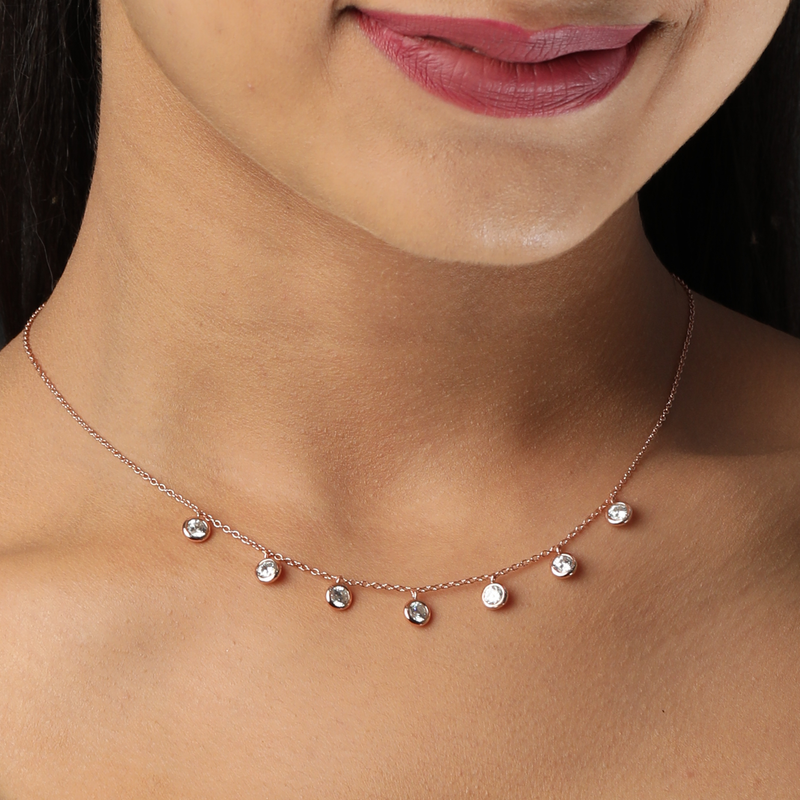 Model wearing Rose Gold Burst 925 Pendant Necklace – graceful and lightweight sterling silver jewellery for women.