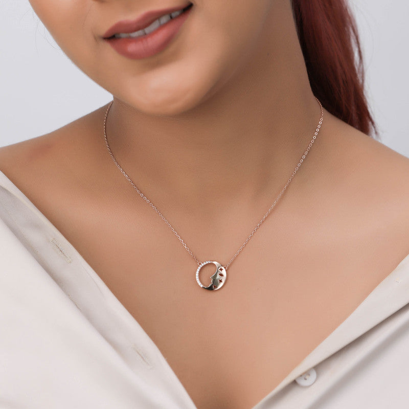 Model wearing Rose Gold Half Moon Pendant Necklace – Navratri jewelry accessory for festive nights