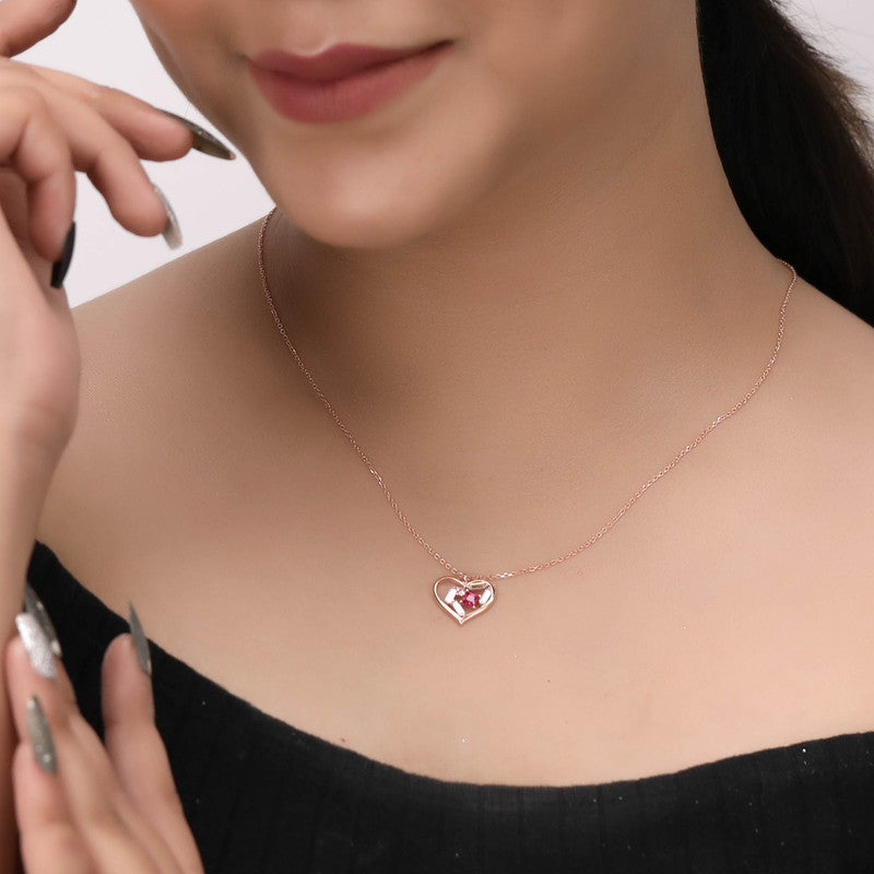 Model wearing Rose Gold Heart Pendant Necklace – chic festive accessory for special occasions