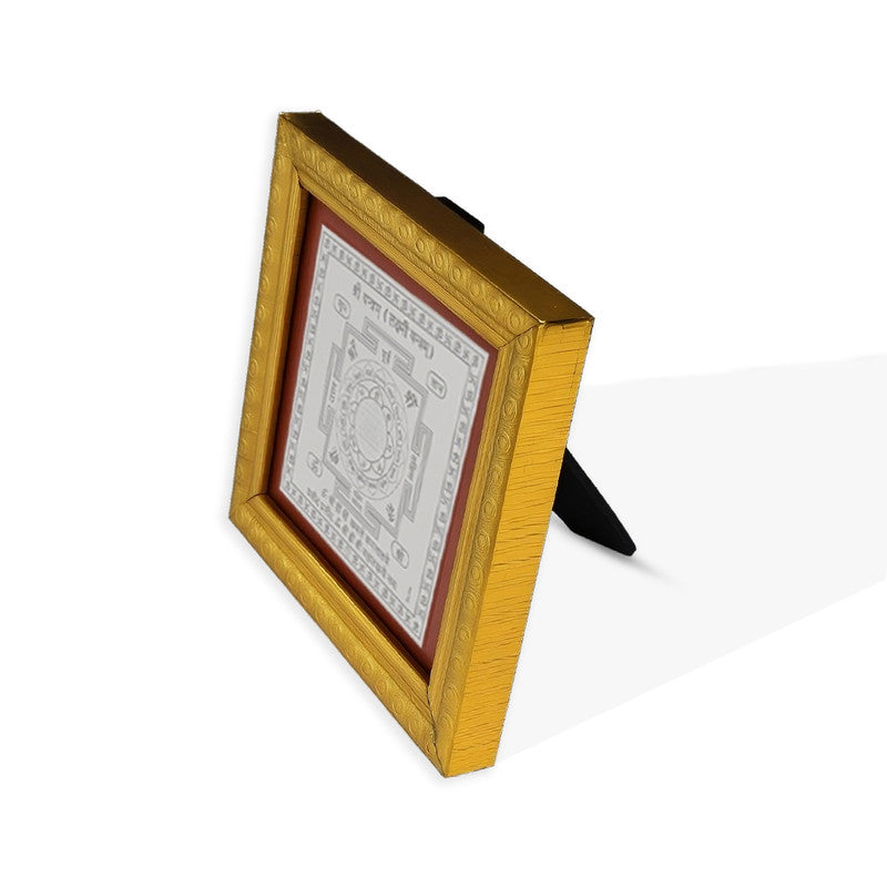 Side view of framed 999 silver Lakshmi Shree Yantra showing detailed silver finish and quality frame