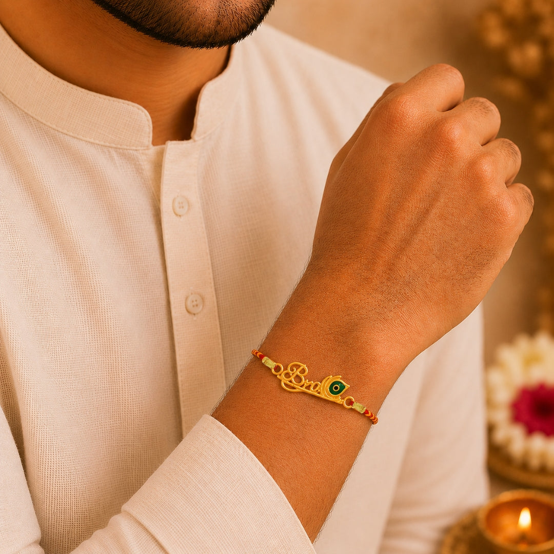 Brother wearing Silver Bansuri Rakhi by Silviya – stylish 925 silver rakhi for Raksha Bandhan.