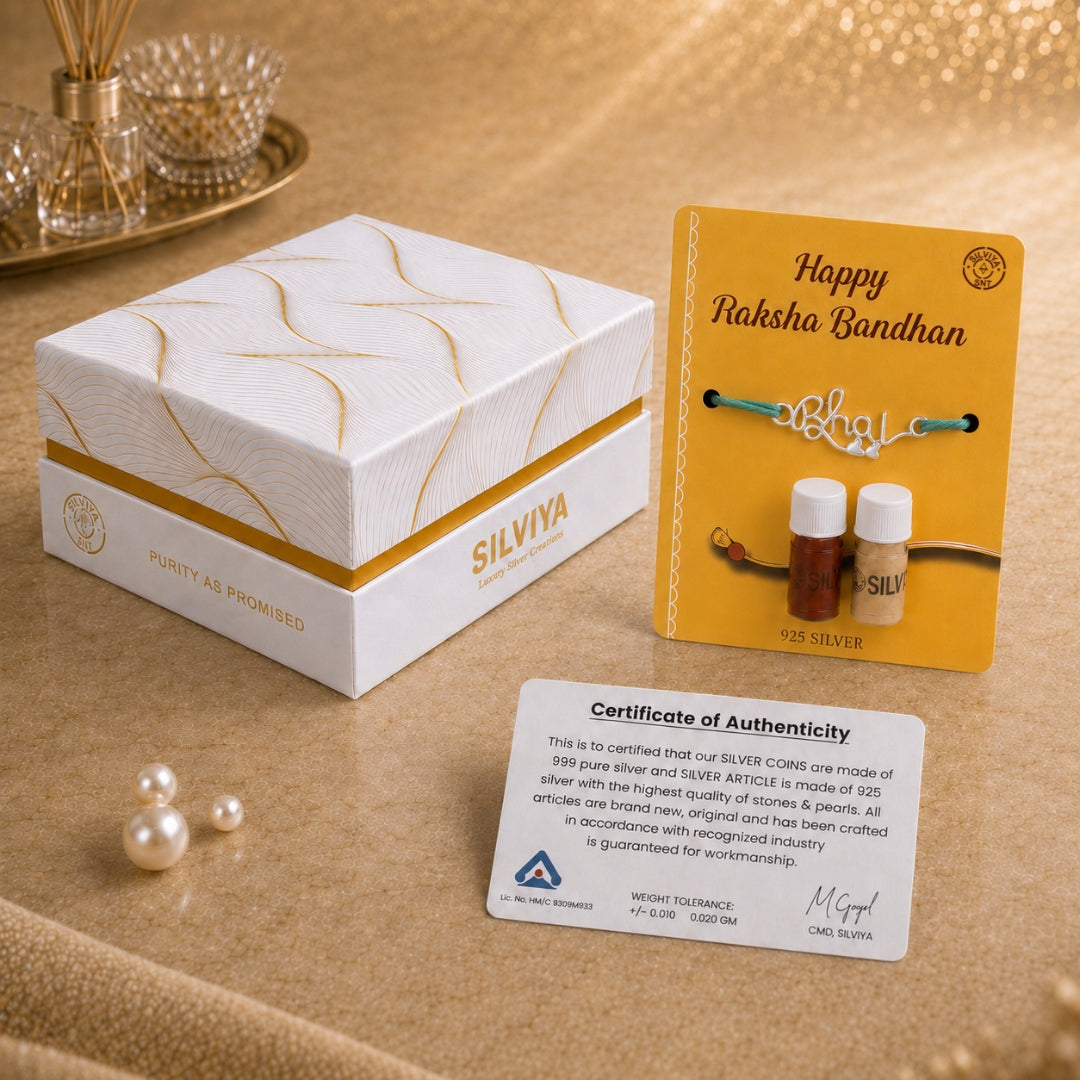 Premium Silviya gift box packaging for Silver Bhai Letter Rakhi – ideal 925 silver Raksha Bandhan gift for brother.