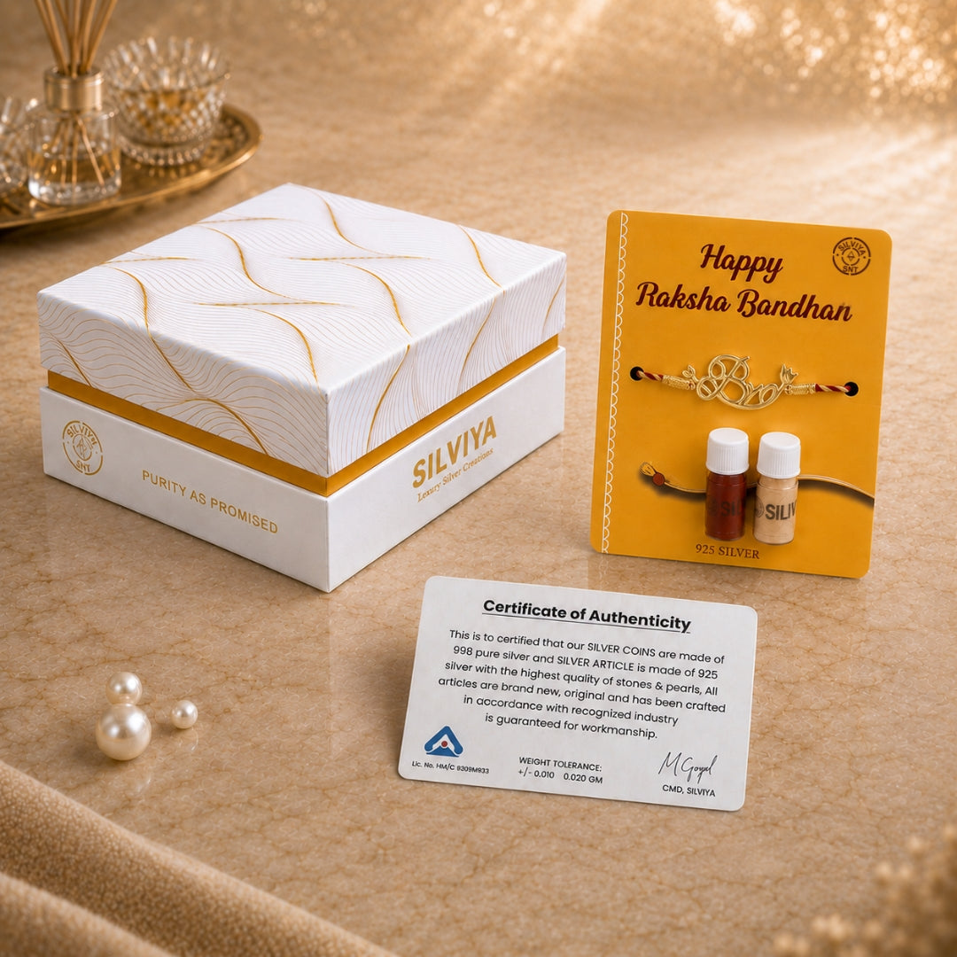 Premium Silviya gift box packaging for Silver Bro Design Rakhi – ideal 925 silver Raksha Bandhan gift for brother.