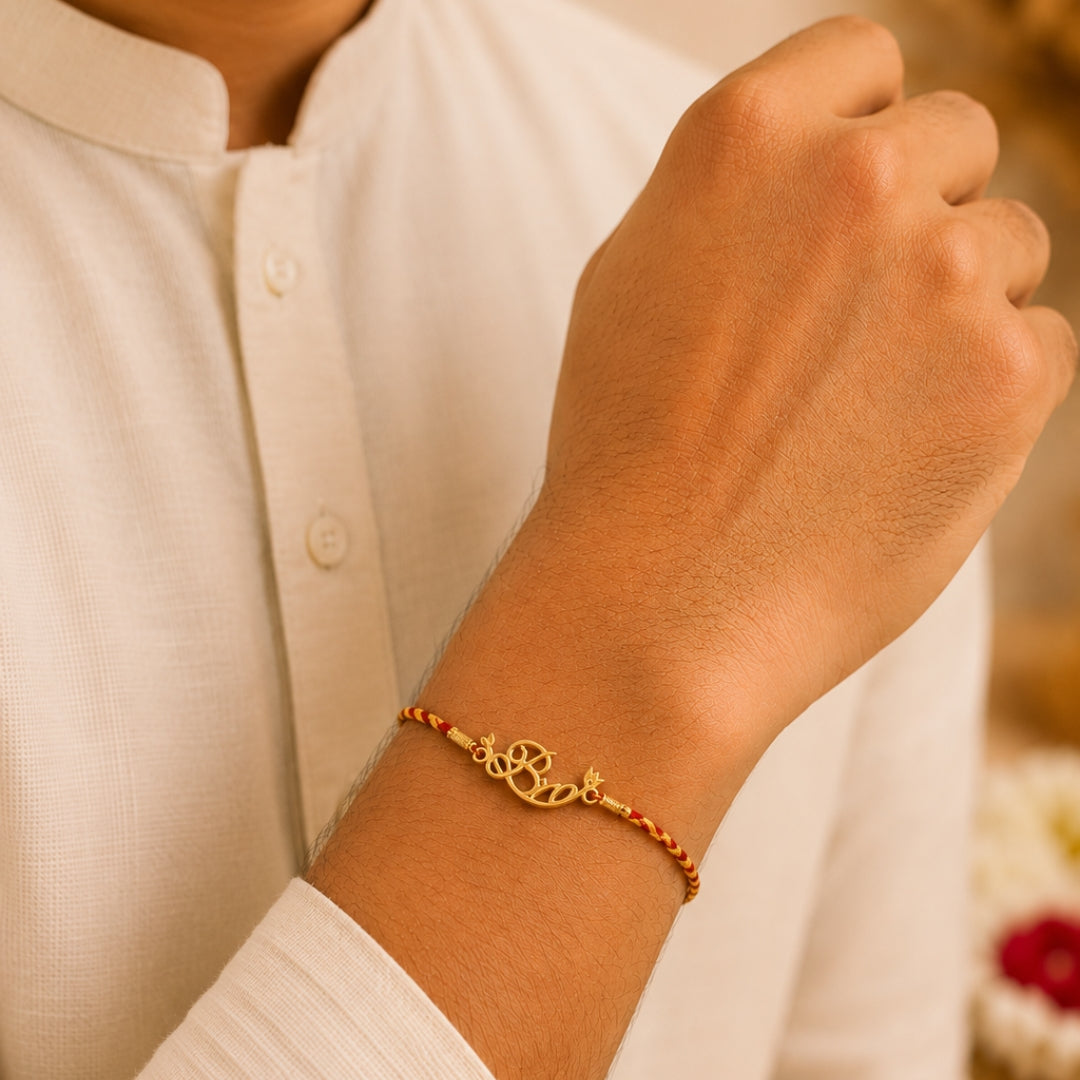 Brother wearing the Silver Bro Design Rakhi by Silviya – a stylish 925 silver rakhi for Raksha Bandhan.