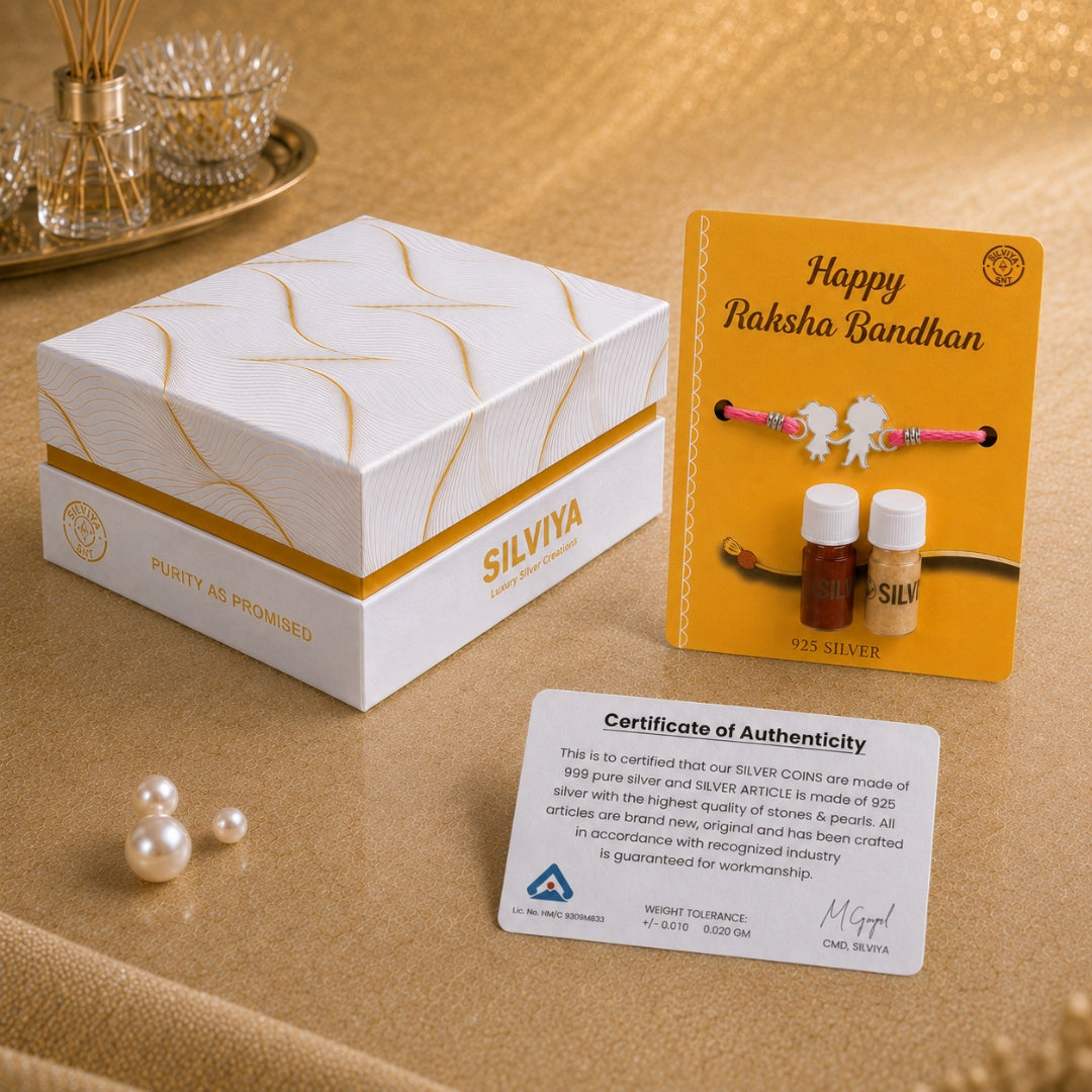 Premium Silviya gift box packaging for Silver Brother Sister Duo Rakhi – ideal 925 silver Raksha Bandhan gift for brother.