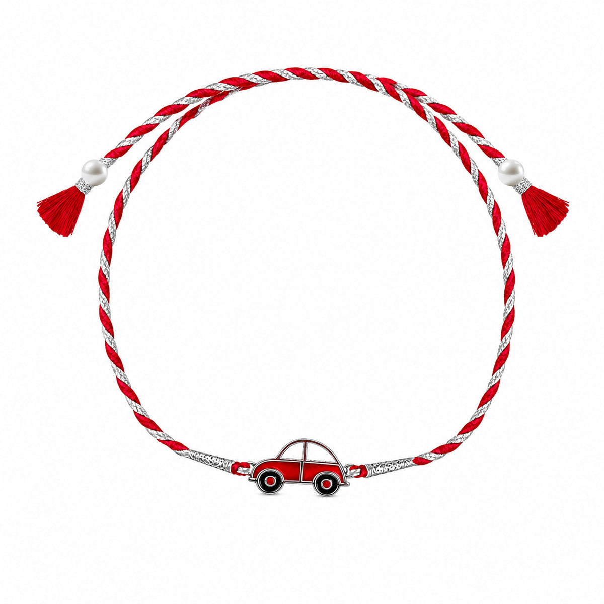 Close-up of Silver Car Design Rakhi with red and white thread