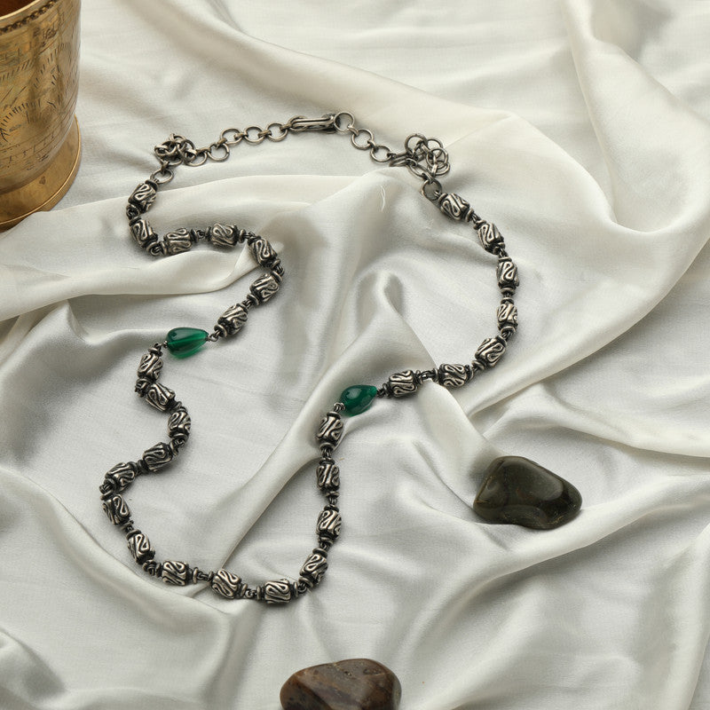 Designer Oxidised Silver Cylinder Mala  – Stylish Silver Necklace for Festive and Spiritual Celebrations