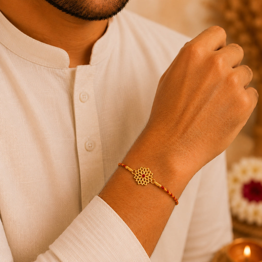 Brother wearing Silver Elegant Floral Design Rakhi by Silviya – 925 silver rakhi for Raksha Bandhan.