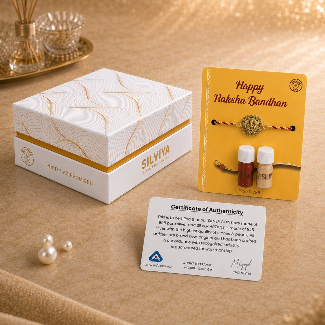 Premium Silviya gift box packaging for Silver Embossed Lord Ganesha Rakhi – ideal 925 silver Raksha Bandhan gift for brother.