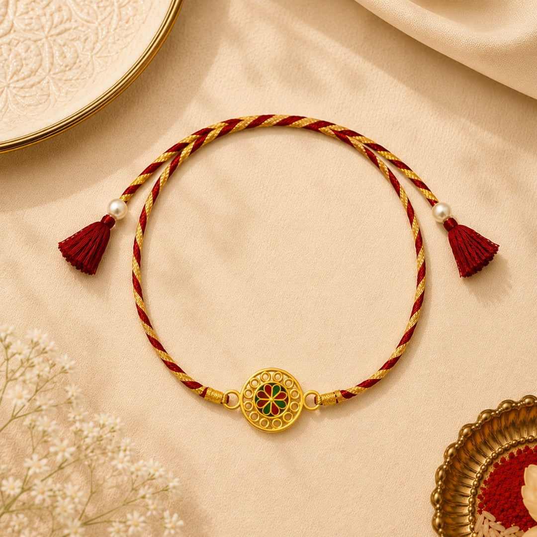 Silver Floral Meena Art Rakhi placed with roli chawal and festive elements – premium 925 silver Raksha Bandhan gift by Silviya.