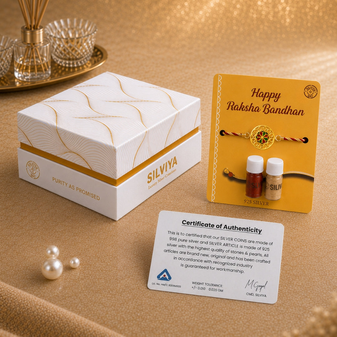 Premium Silviya gift box packaging for Silver Floral Meena Art Rakhi – ideal 925 silver Raksha Bandhan gift for brother.