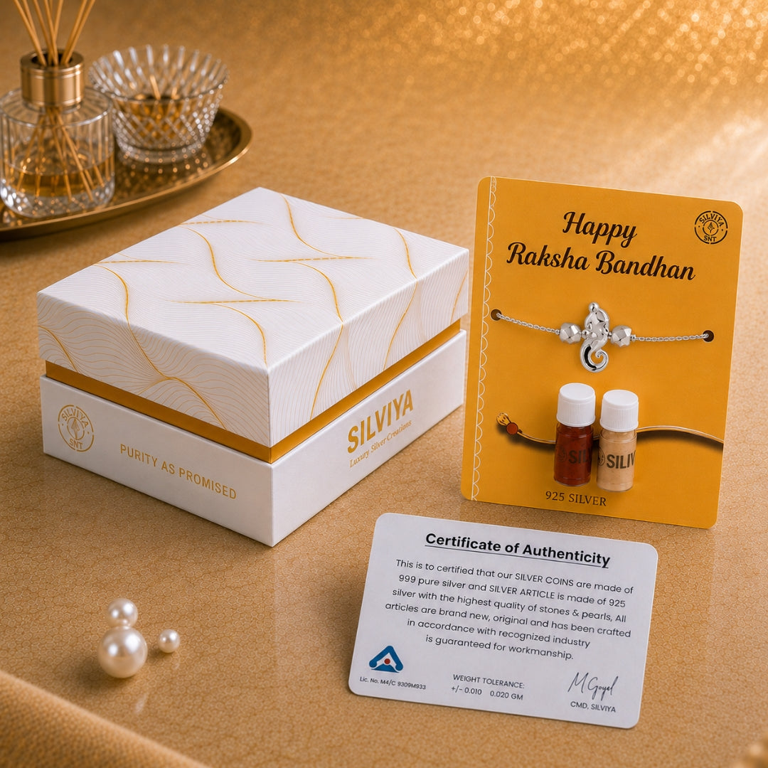 Premium Silviya gift box packaging for Silver Ganesha Rakhi for Kids – ideal 925 silver kids Raksha Bandhan gift.