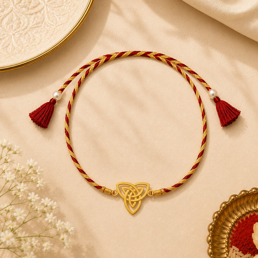 A silver geometrical Rakhi placed with roli chawal and festive decor – premium 925 silver Raksha Bandhan gift by Silviya.