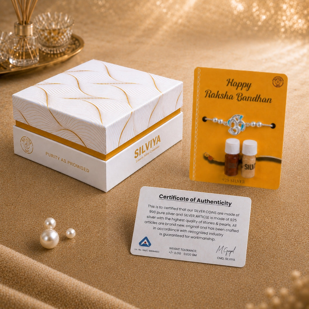Premium Silviya gift box packaging for Silver Kartik Om Bracelet Rakhi for Kids – ideal 925 silver kids Raksha Bandhan gift.