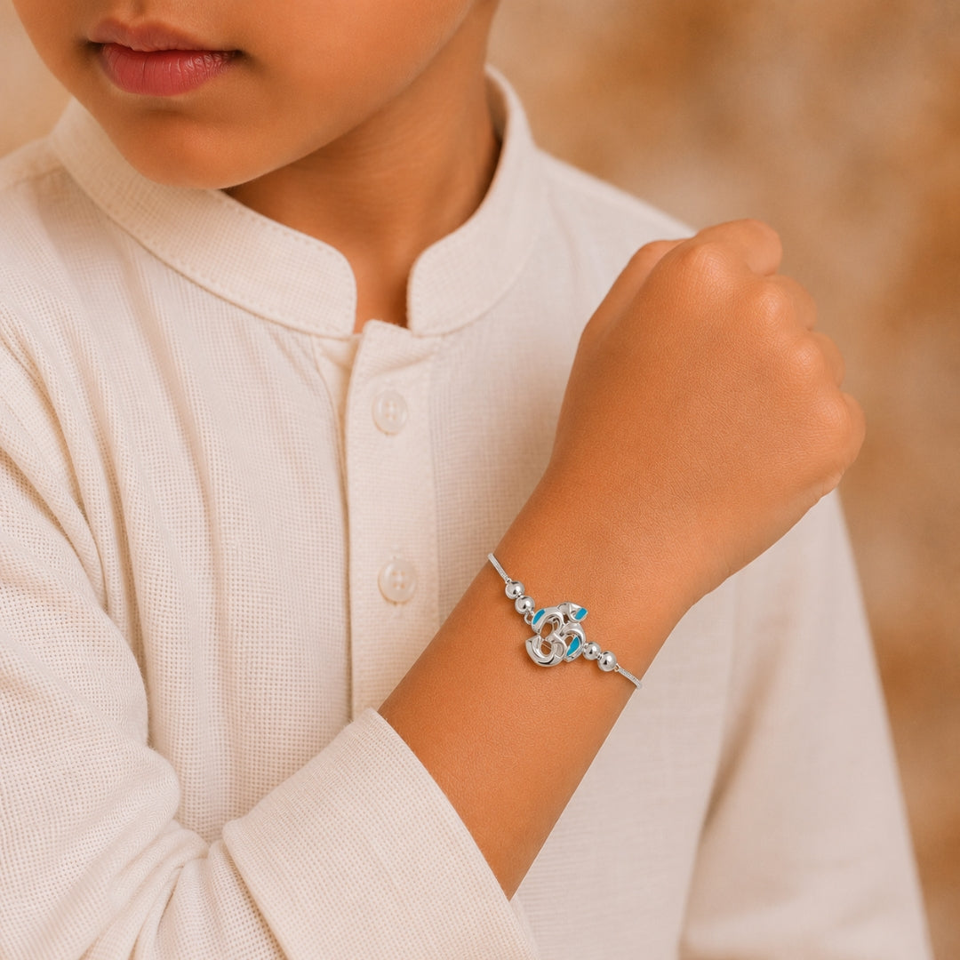 Silver Kartik Om Bracelet Rakhi For Kids
