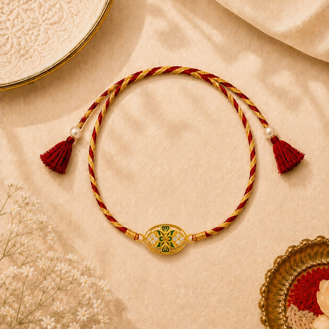 Pure Silver King Oval Meena Art Rakhi placed with roli chawal and festive decor – elegant 925 silver Raksha Bandhan gift by Silviya.