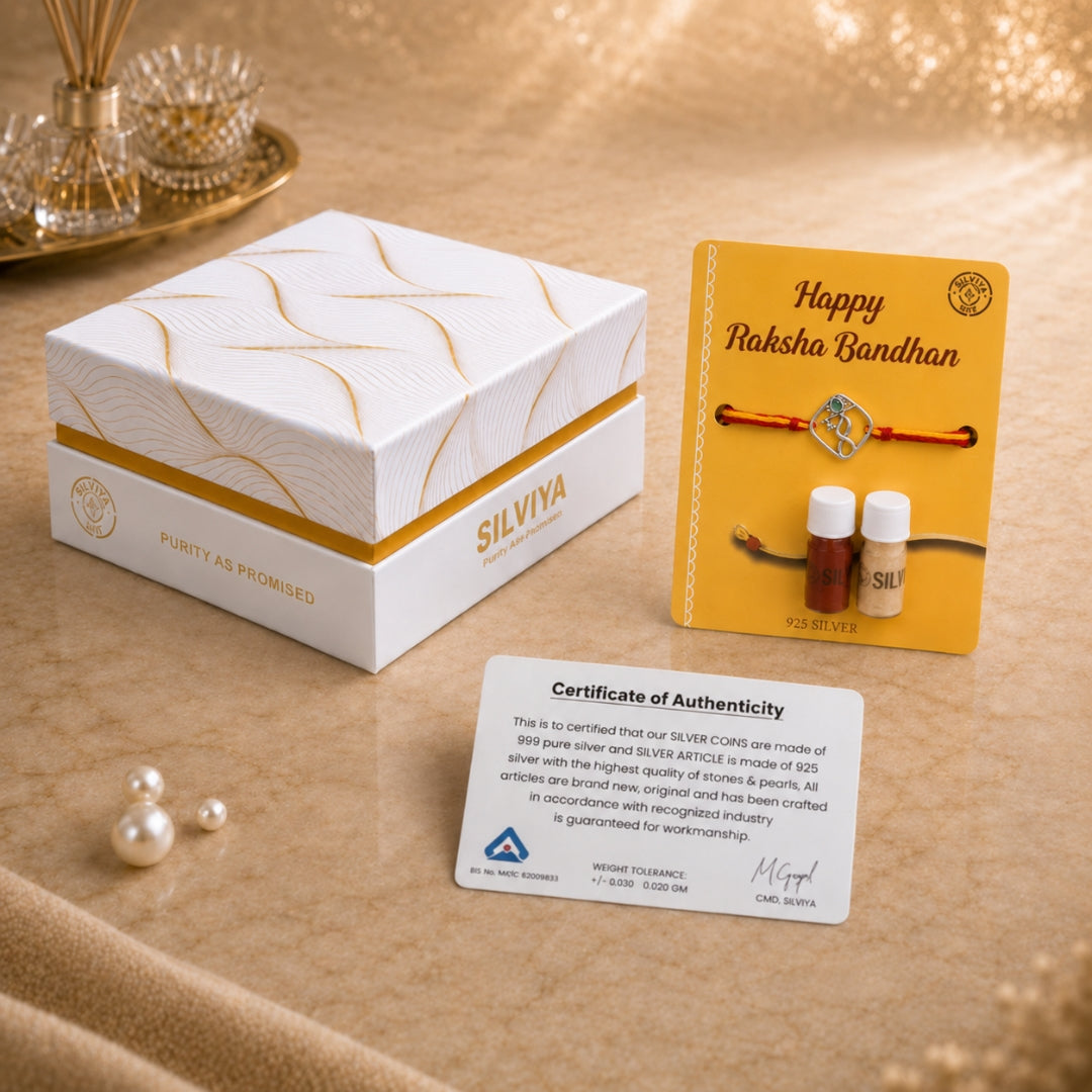 Premium Silviya gift box packaging for Silver Krishna Bansuri Rakhi – ideal 925 silver Raksha Bandhan gift for brother.