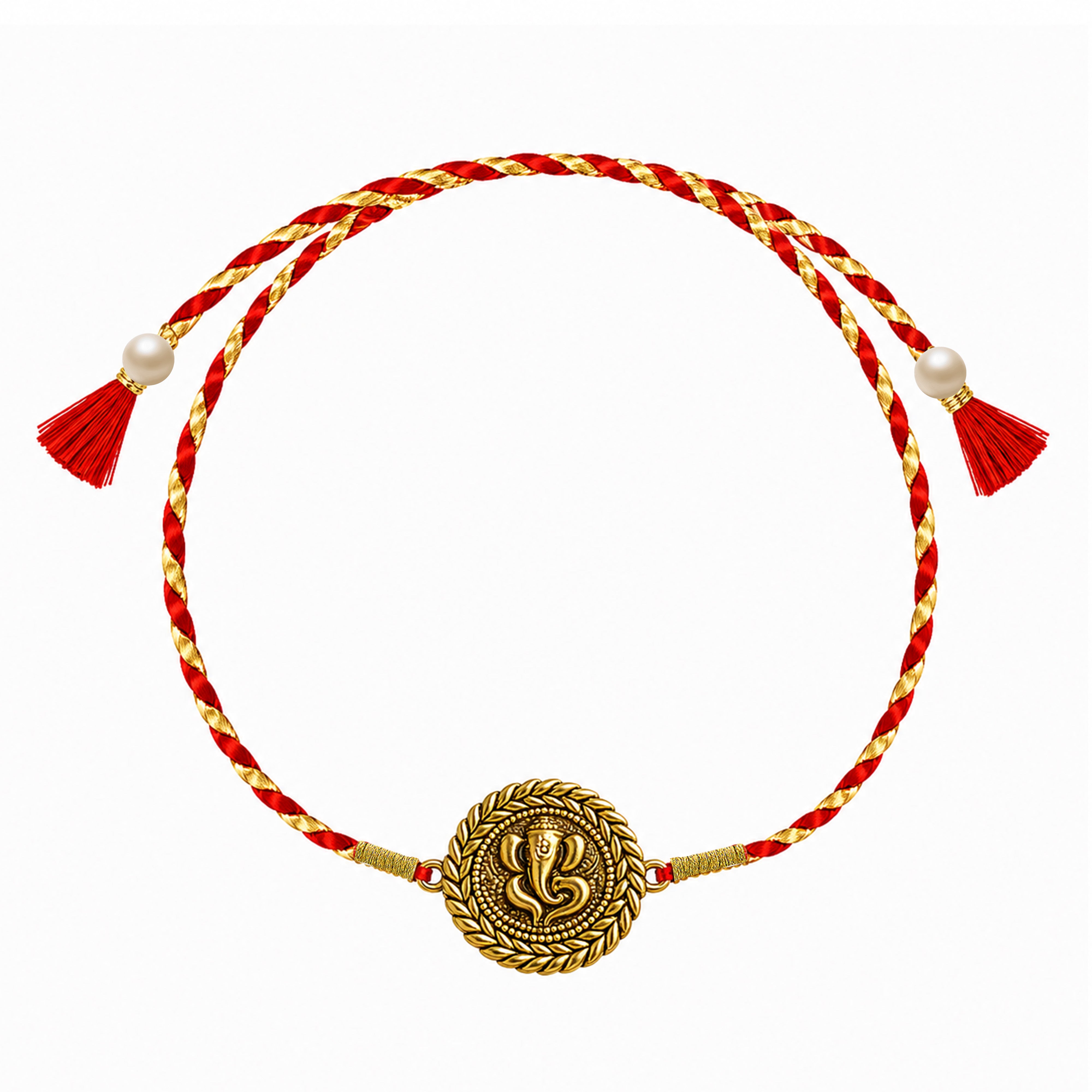 Close-up of Silver Lord Ganesha Ji Rakhi with red and white thread