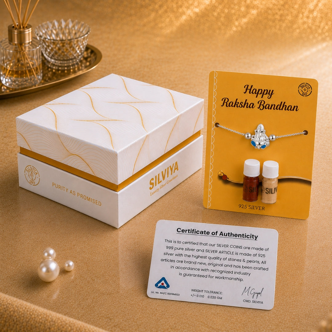 Premium Silviya gift box packaging for Silver Lord Ganesha Rakhi for Kids – ideal 925 silver Raksha Bandhan gift.