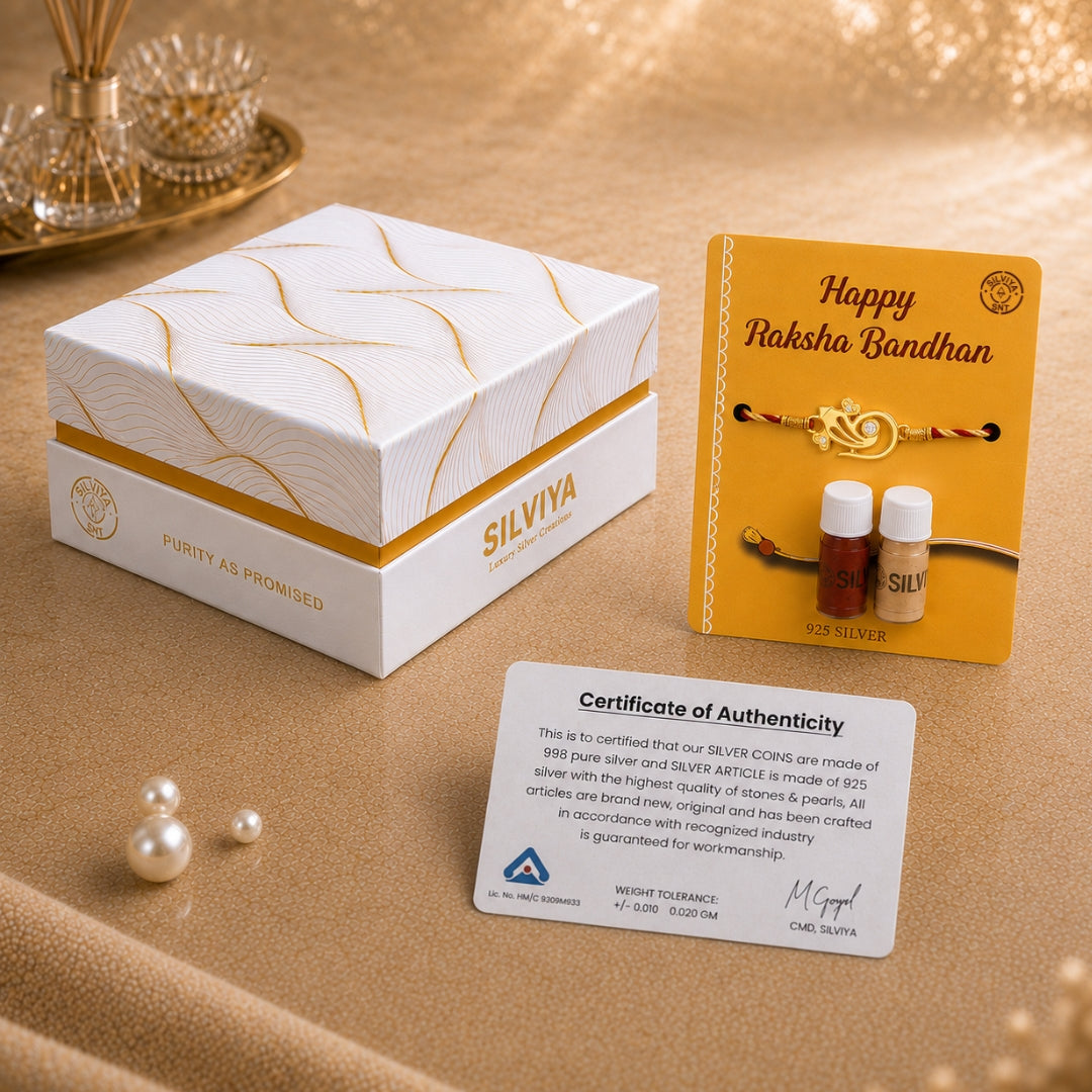 Premium Silviya gift box packaging for Silver Lord Ganesha Rakhi – ideal 925 silver Raksha Bandhan gift for brother.