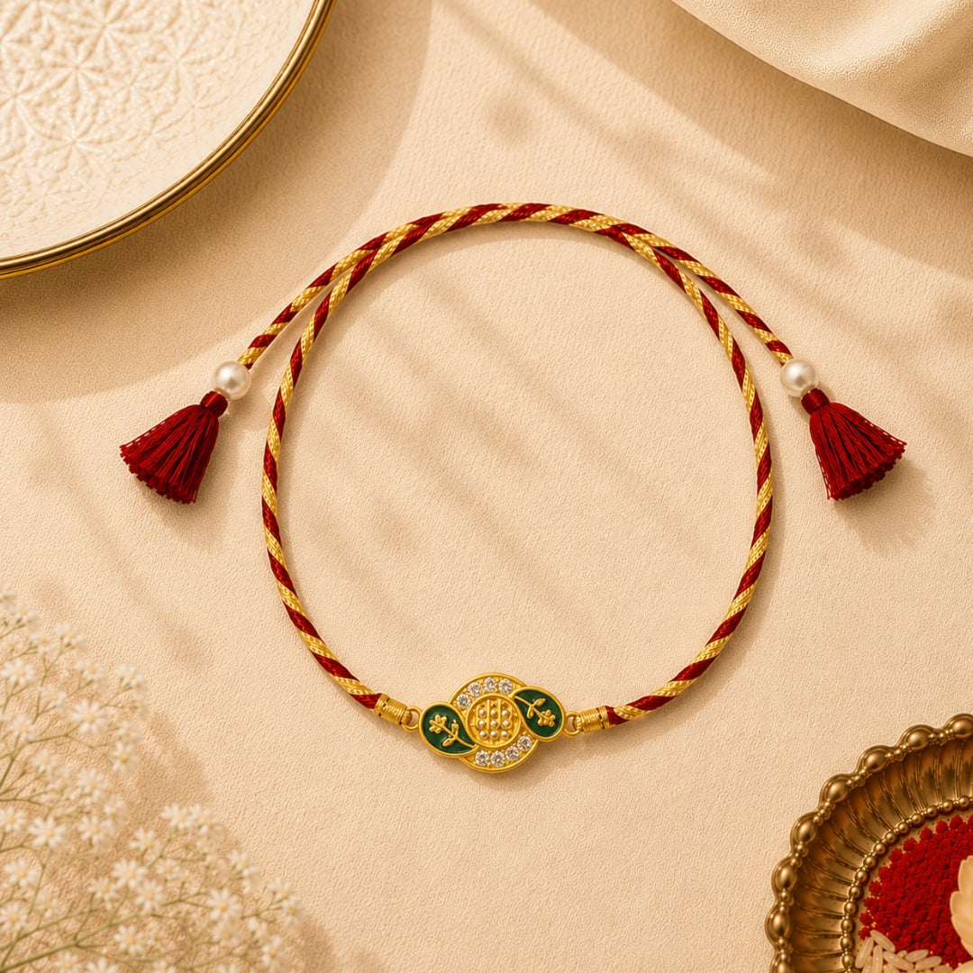 Silver Nakshatra Meena Art Rakhi placed with roli chawal and festive decor – premium 925 silver Raksha Bandhan gift by Silviya.