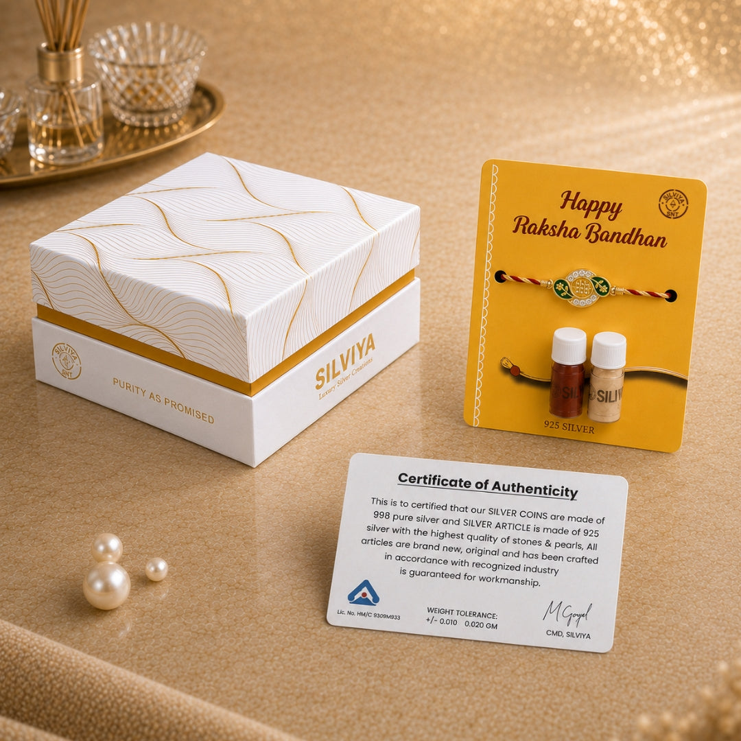 Premium Silviya gift box packaging for Silver Nakshatra Meena Art Rakhi – ideal 925 silver Raksha Bandhan gift for brother.