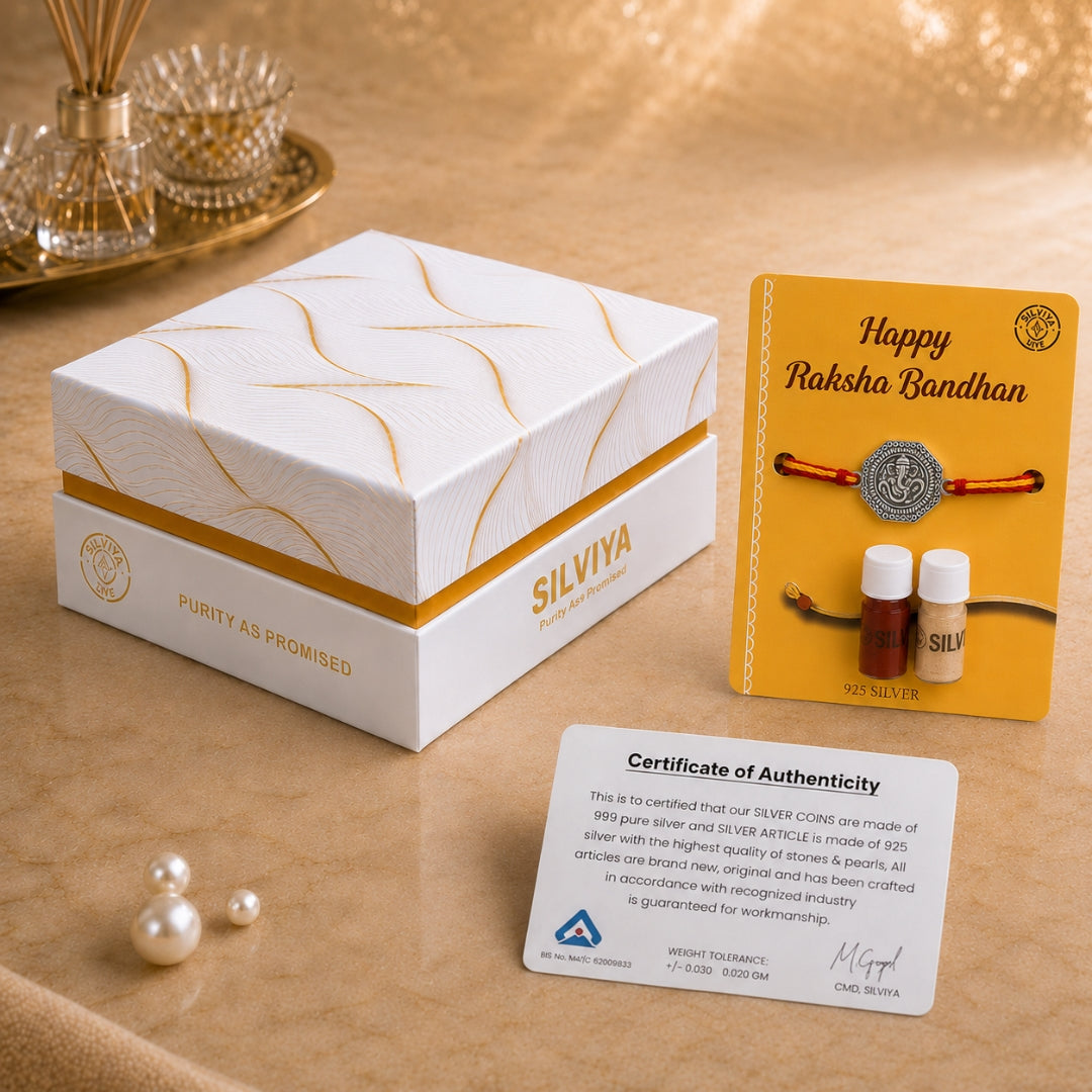 Premium Silviya gift box packaging for Silver Om Ganesha Rakhi – ideal 925 silver Raksha Bandhan gift for brother.